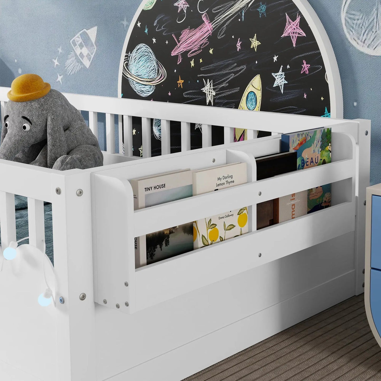 Twin Montessori Floor Bed Frame With High Rails, Wood Kids Floor Beds With Light And Storage Shelf, White by GJG Denim