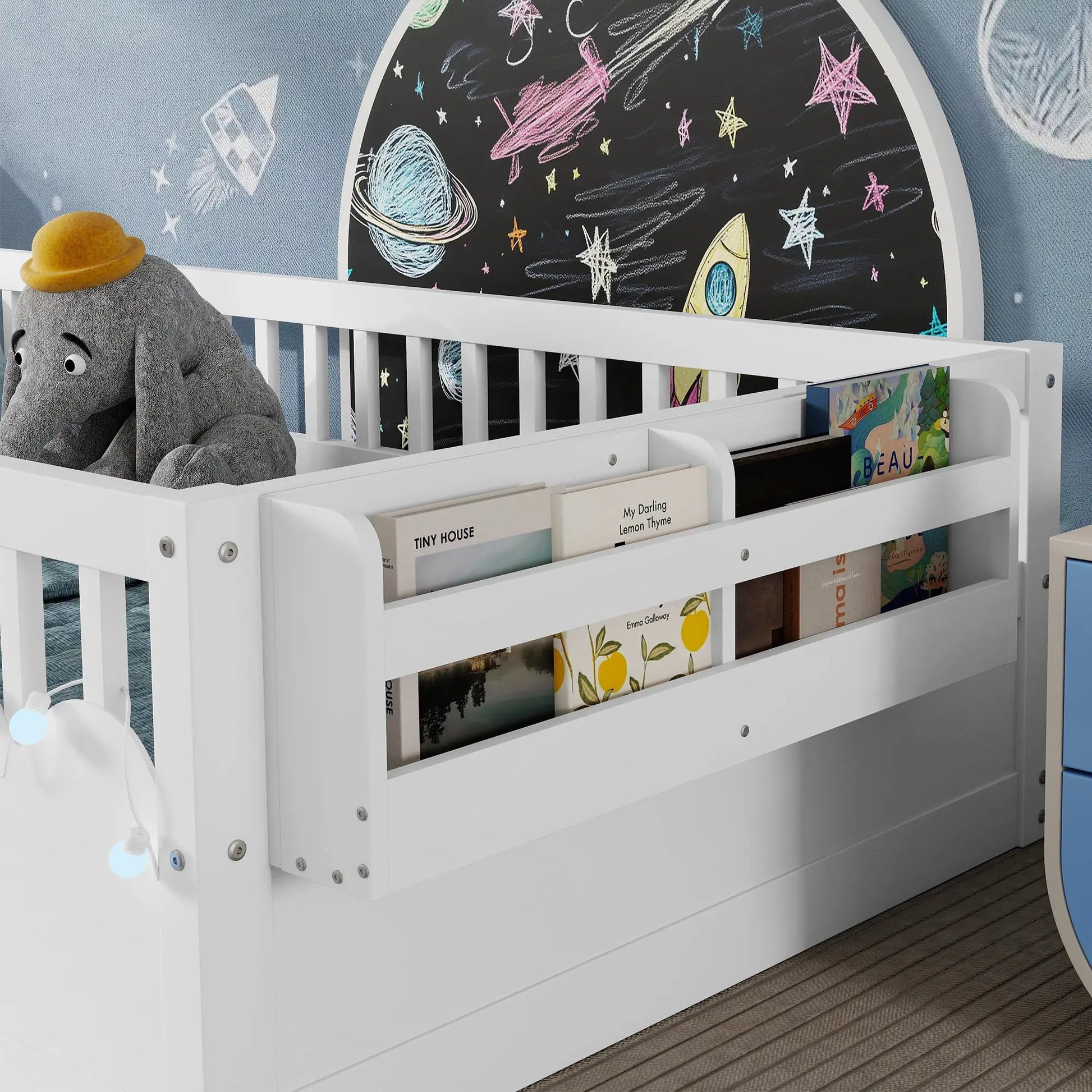 Twin Montessori Floor Bed Frame With High Rails, Wood Kids Floor Beds With Light And Storage Shelf, White by GJG Denim
