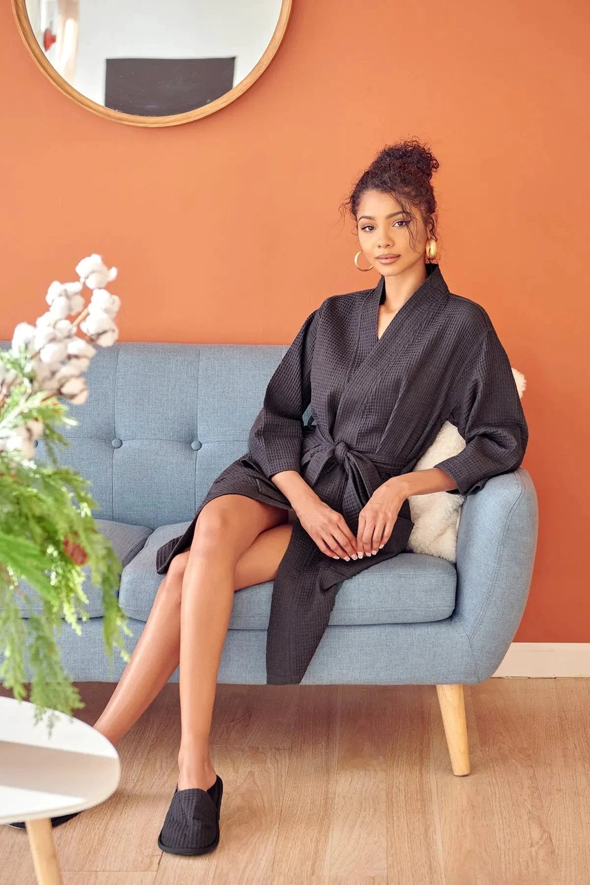 Knee-Length Waffle Kimono Robe for Women by Lotus Linen