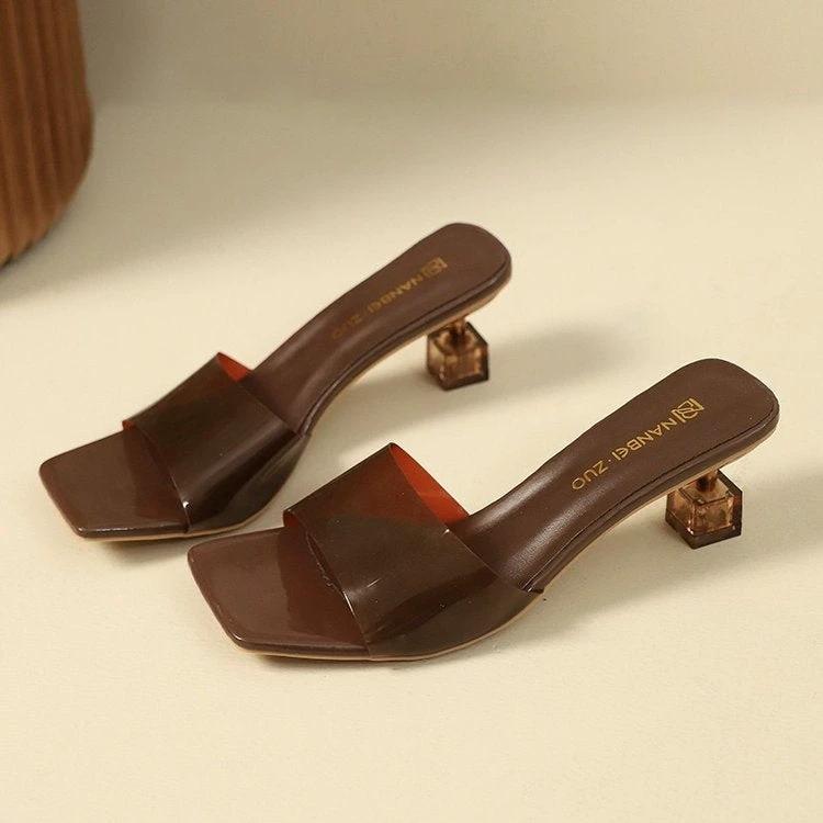 French Style Crystal Thin Heel Square Toe One-Strap Sandals For Women, New Transparent High Heel Slide Sandals Outdoor Wear by GJG Denim