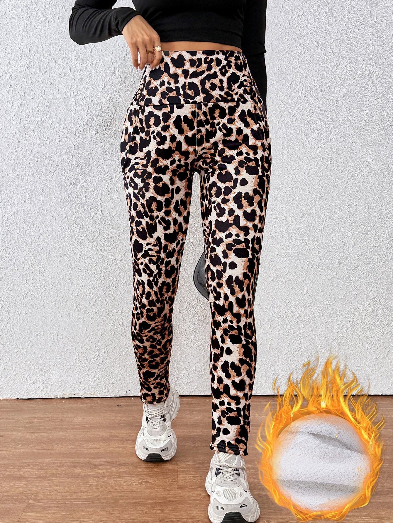 Leopard Print Cashmere Leggings High Waist Slimming And Velvet Padded Warm Side Pocket by GJG Denim