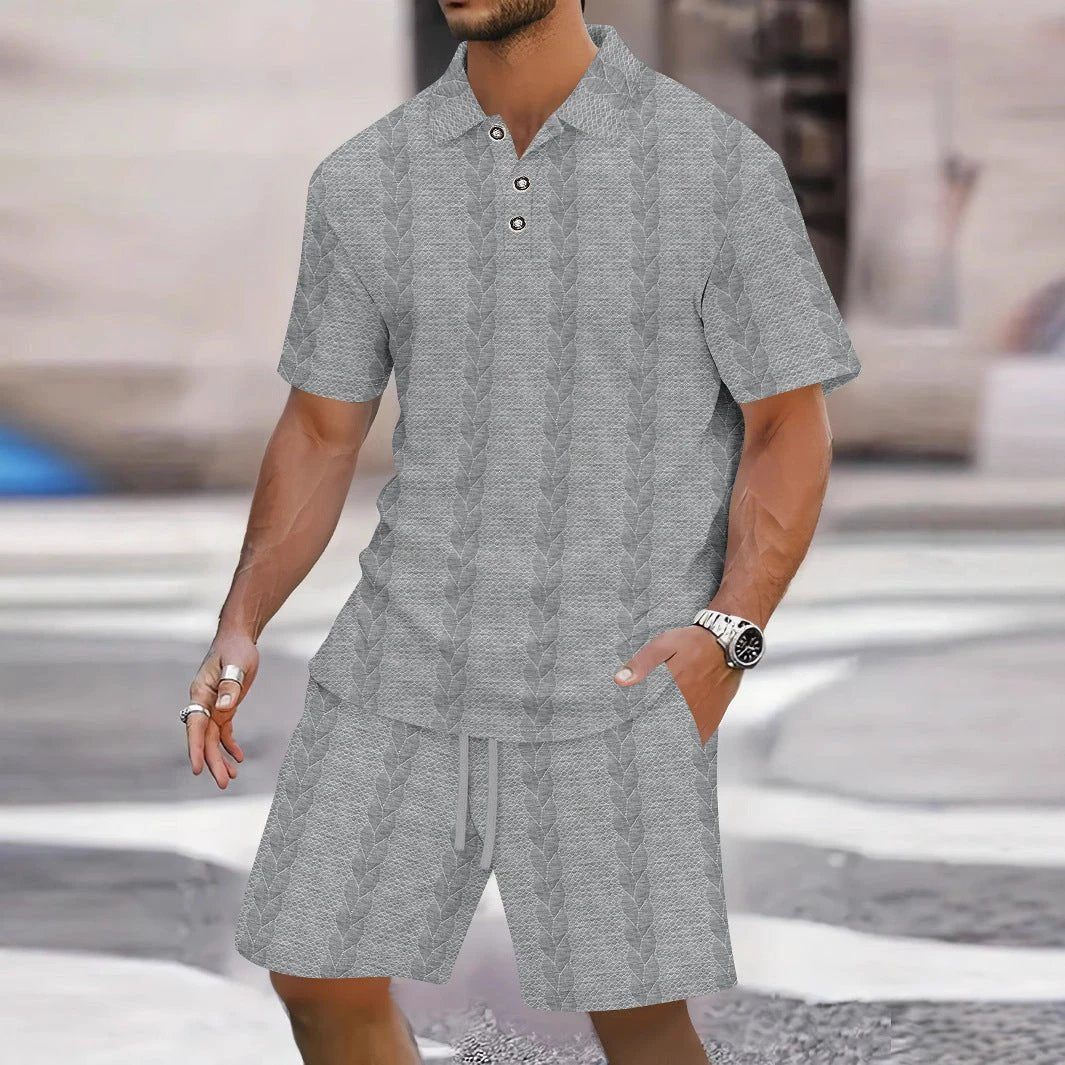 Men's Lapel-collar Short-sleeve Top With Shorts Set by GJG Denim