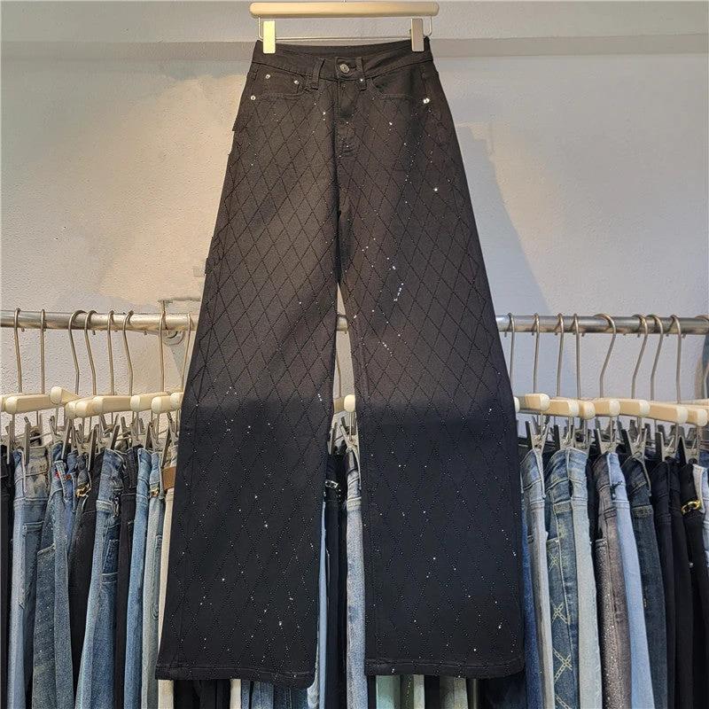 Heavy Industry Hot Rhinestone Lattice Diamond High Waist Loose Wide Leg Pants by GJG Denim