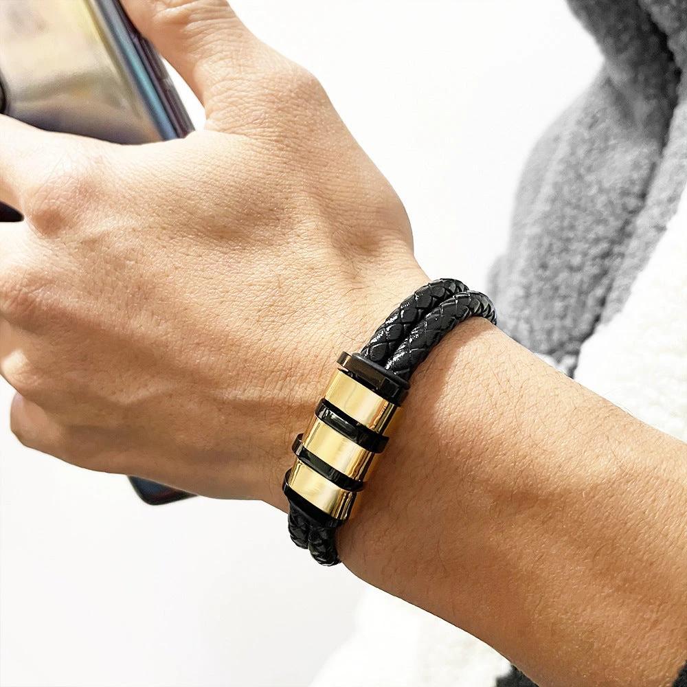 Black Leather Braided Stainless Steel Bead Bracelet For Men by GJG Denim