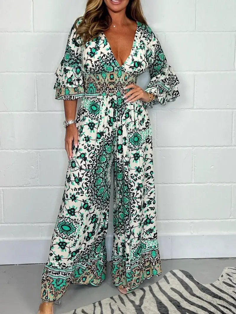 V-neck Printed Jumpsuit Plus Size Casual Jumpsuit by GJG Denim