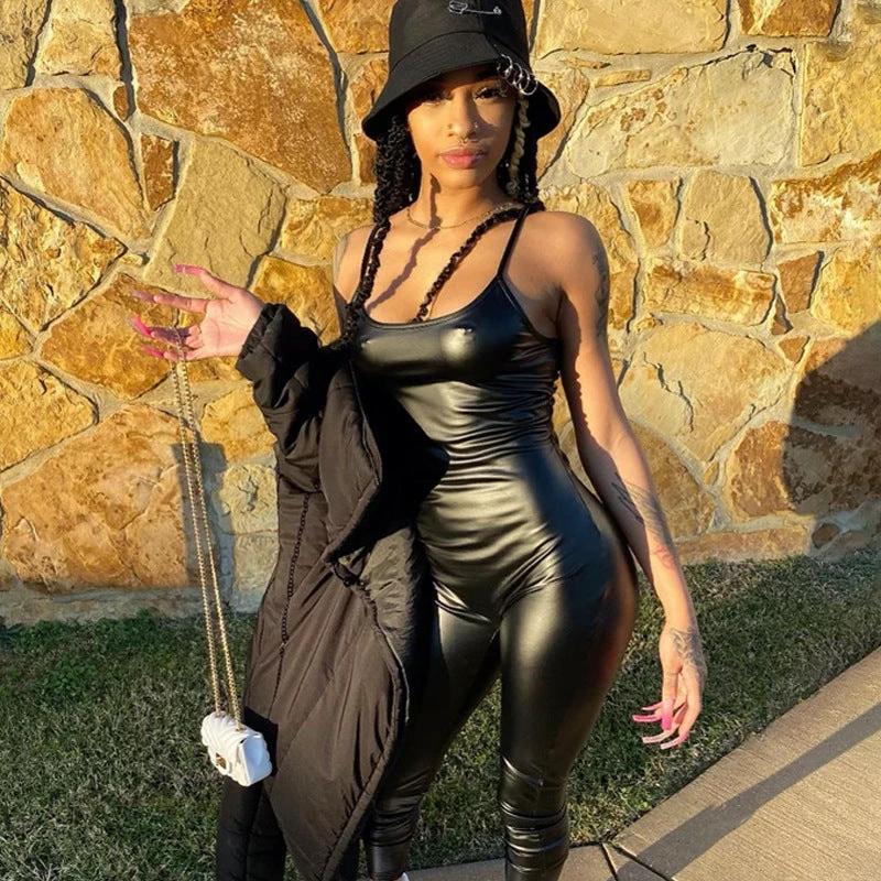 Street Shot PU Leather Suspender Pants Women by GJG Denim