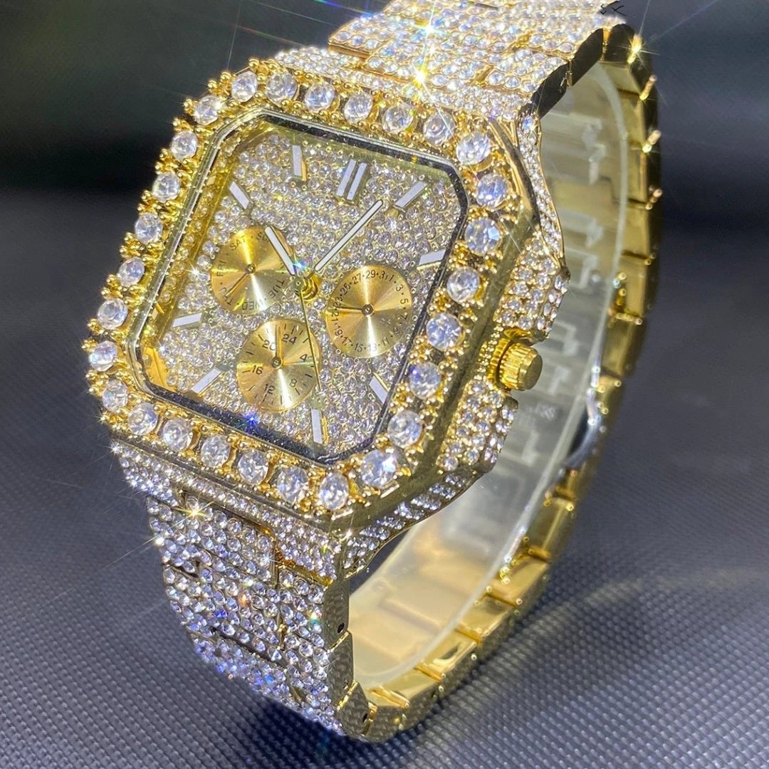 Men's Watch Square-shaped Fully Diamond-encrusted Multi-functional by GJG Denim