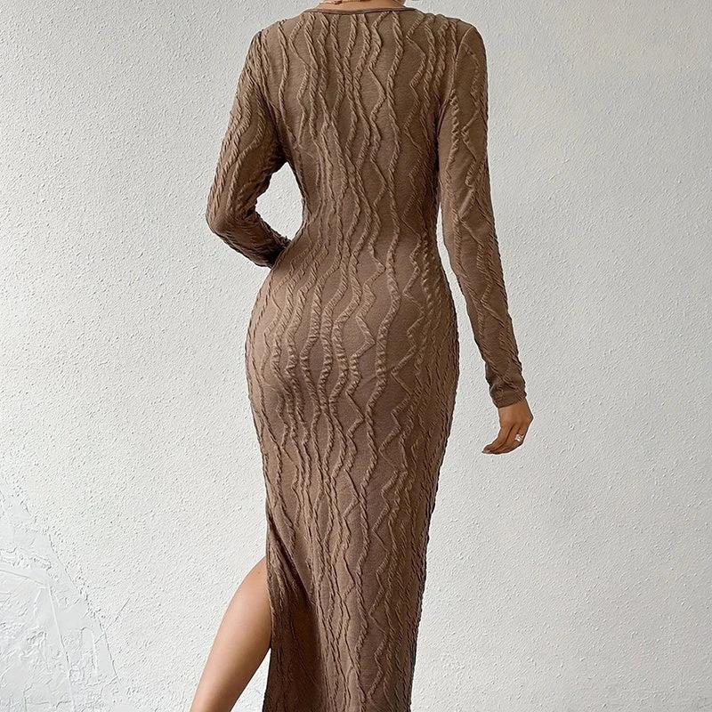 Women's Crew Neck Long Sleeve Ribbed Dress Side Slit Knit Bodycon Midi Dress by GJG Denim