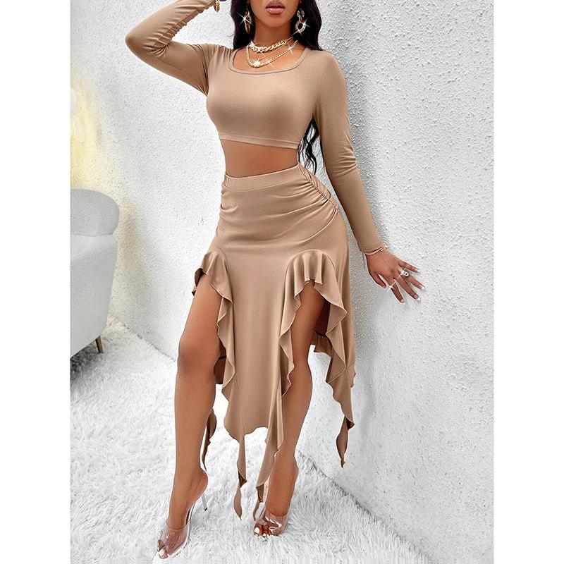 Women Summer 2 Piece Skirt Sets Long Sleeve Square Neck Crop Top Ruffle Trim Irregular Split Sexy Club Party Skirt Outfits by GJG Denim
