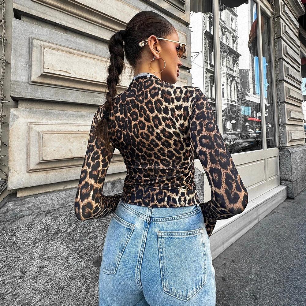 Female Leopard Print Drawstring Versatile Tight Long Sleeved Shirt by GJG Denim