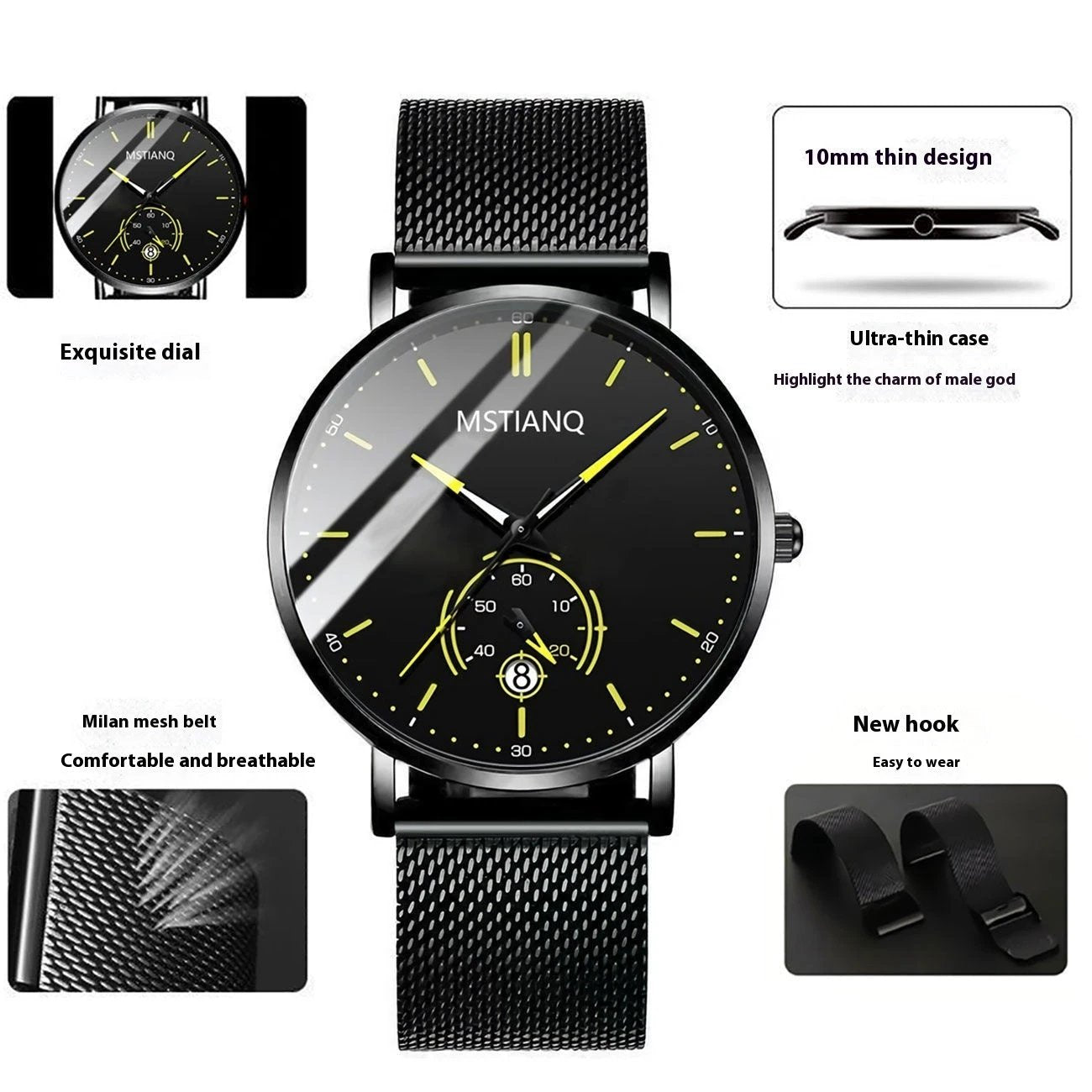 Stylish Black Technology Belt Refined Steel Casual Calendar Watch by GJG Denim