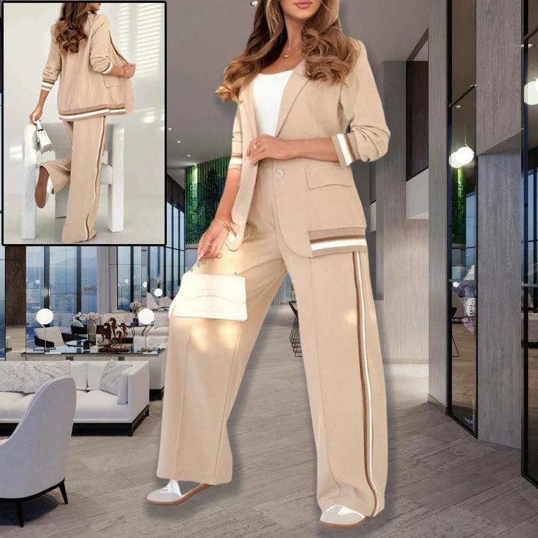 2 Pcs Set Women Suit Coat Pants Suit Lapel Long Sleeves Lady Jacket Wide Leg High Waist Trousers Female Commuting Office Outfit by GJG Denim