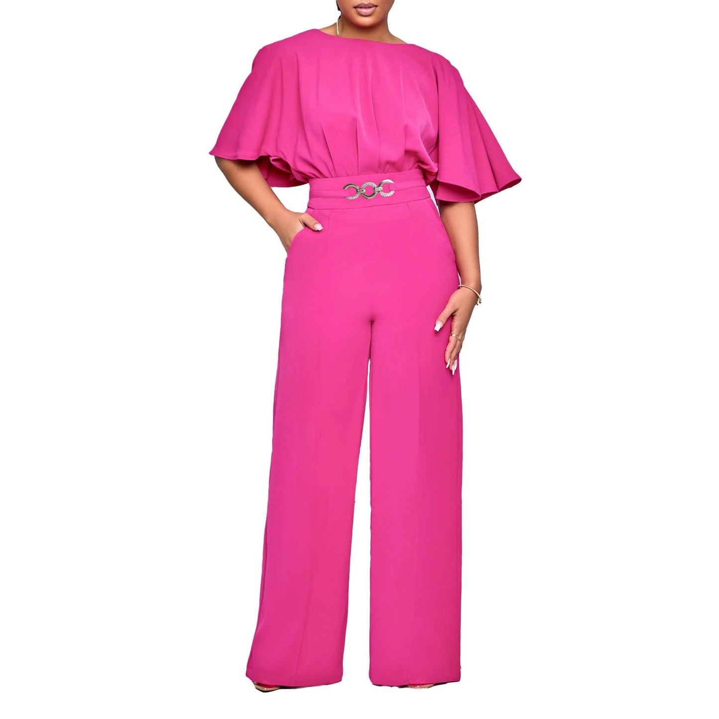 Fashion Round Neck Solid Color High Waist Plus Size African Wide Leg Jumpsuit by GJG Denim