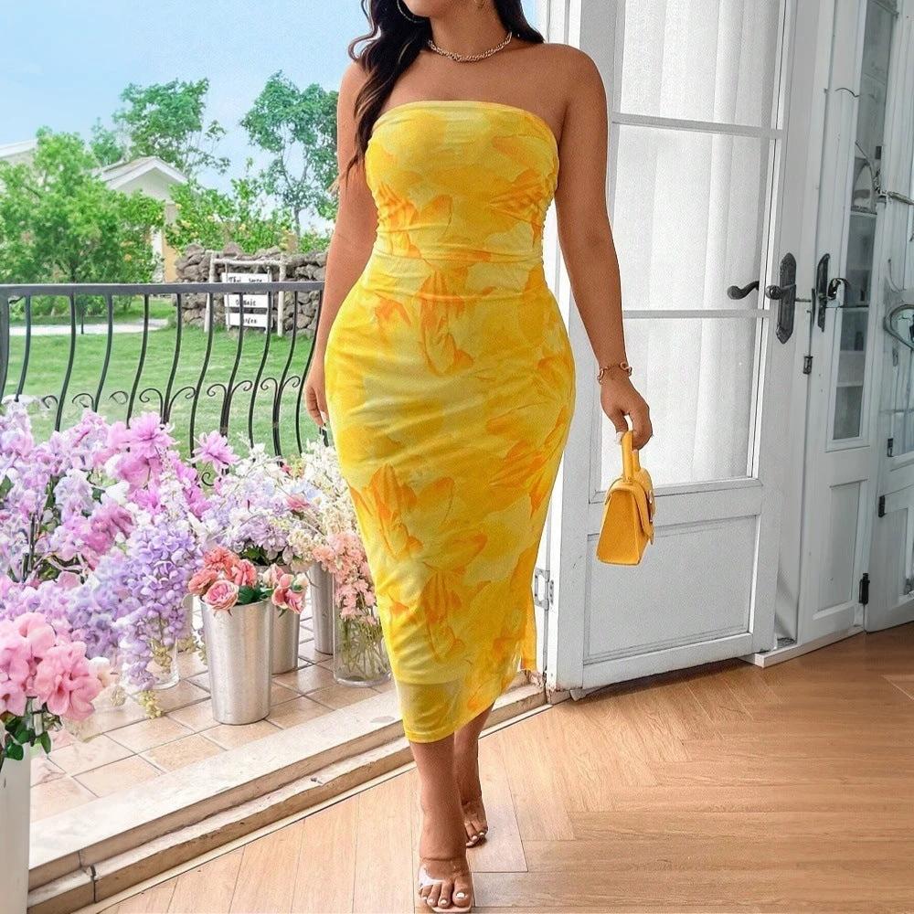 Strapless Women's Clothing Sexy Print Dress by GJG Denim