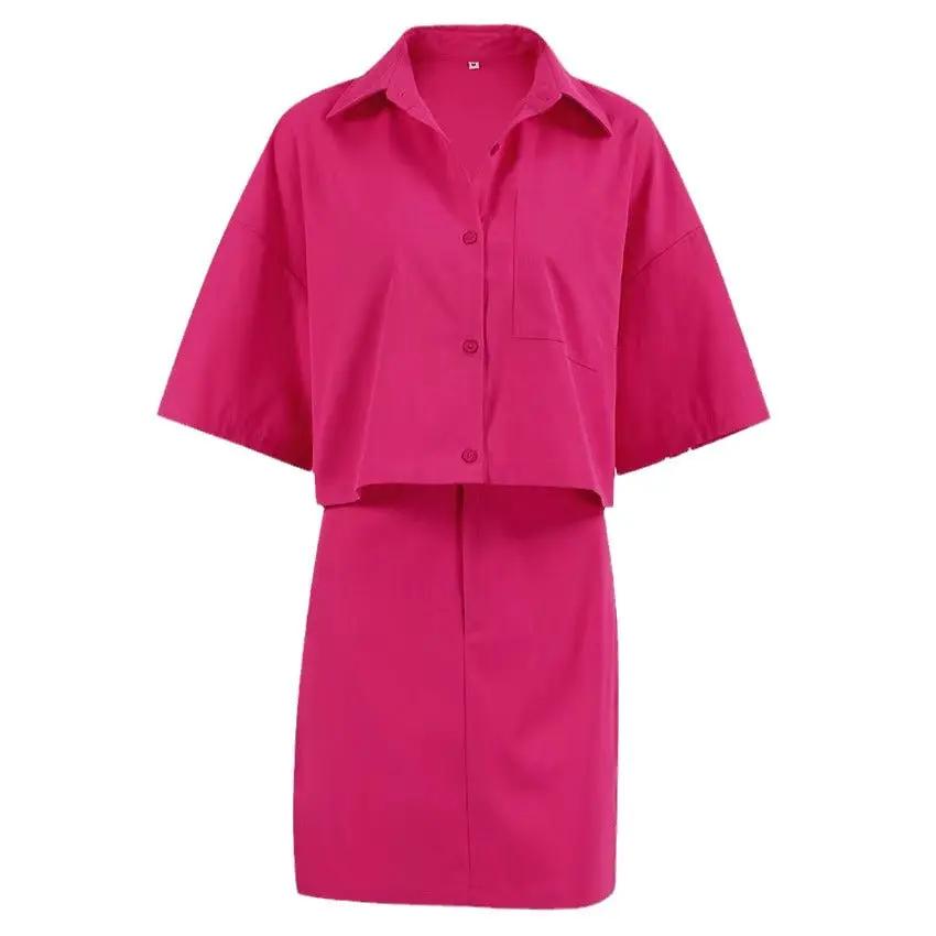 Womens Preppy Style Design-focused Short-sleeve Short-skirt Set by GJG Denim