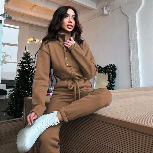 Stand-up Collar Cinched Leisure Jumpsuit by GJG Denim