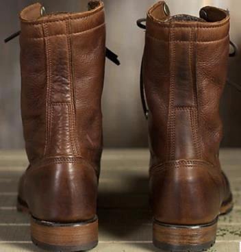 Men's Retro Motorcycle Lace-Up Combat Boots Low Heel by GJG Denim