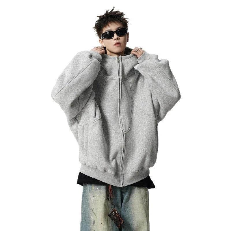 Men's Loose Design Stitching Zip-up Hooded Sweater by GJG Denim