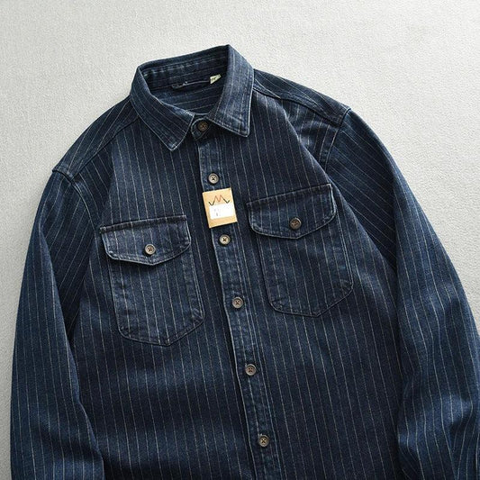 Striped Denim Shirt Men's Business Shirt Coat by GJG Denim