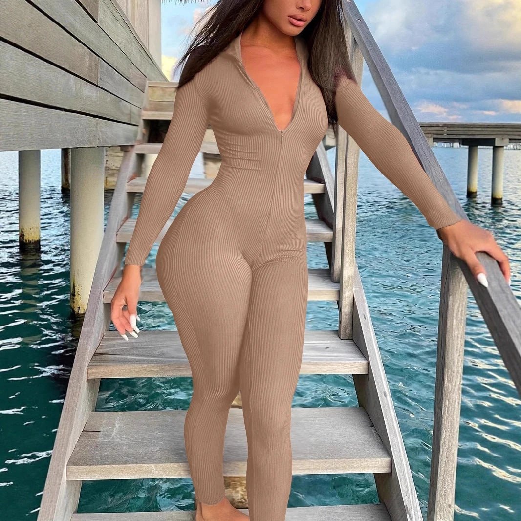 Casual Ribbed Zip-up Jumpsuit Long Sleeves by GJG Denim