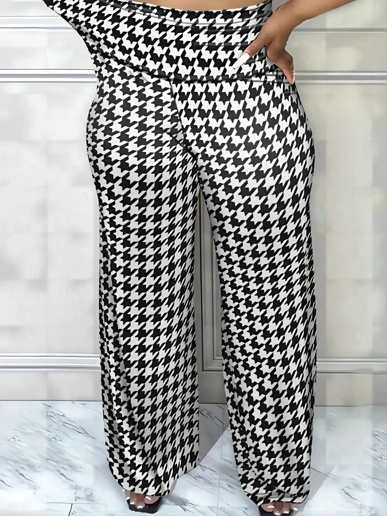 Plus Size Bird Check Comfortable Loose Women's Straight Leg Pants by GJG Denim