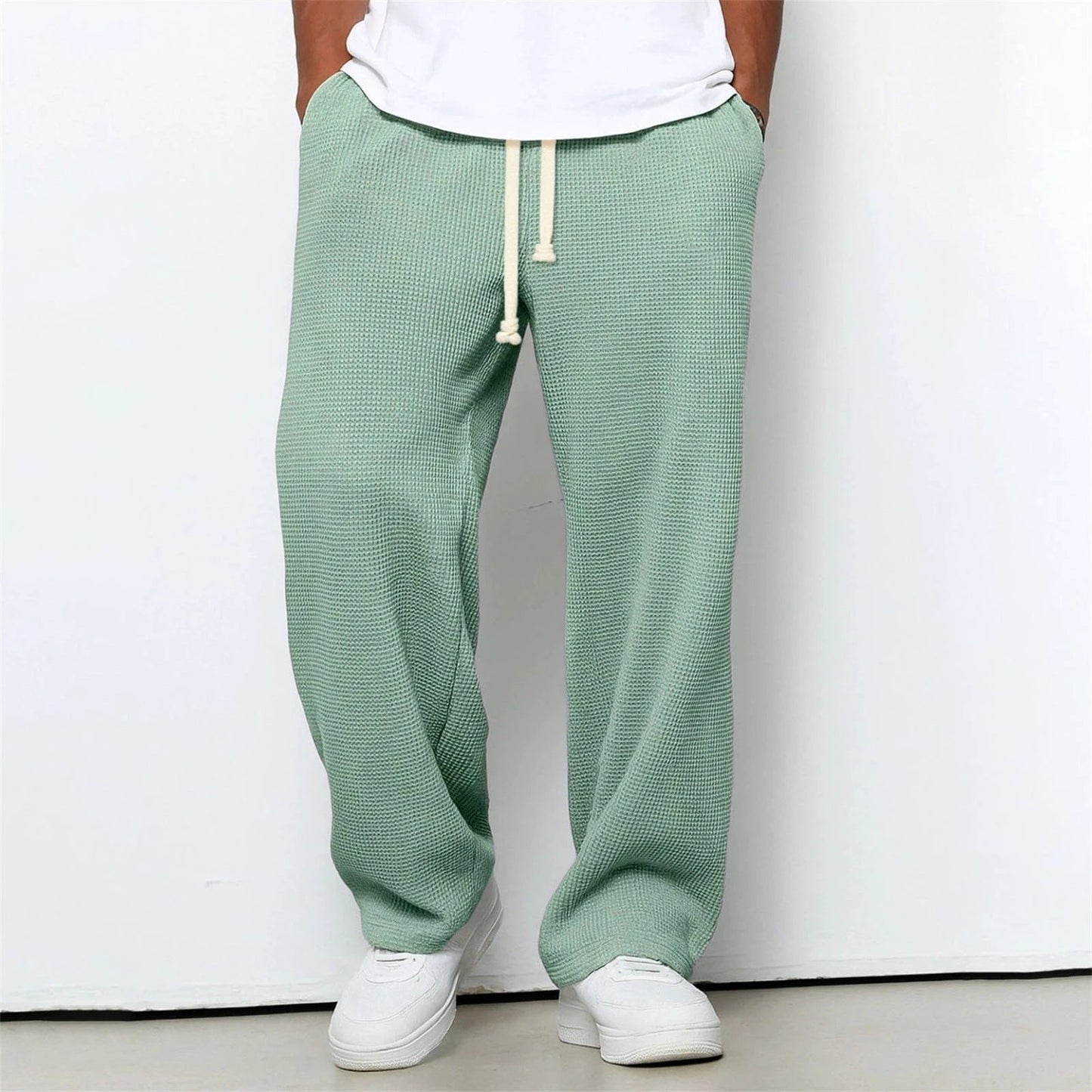 Men's Relaxed-fit Waffle-knit Wide-leg Leisure Pants by GJG Denim