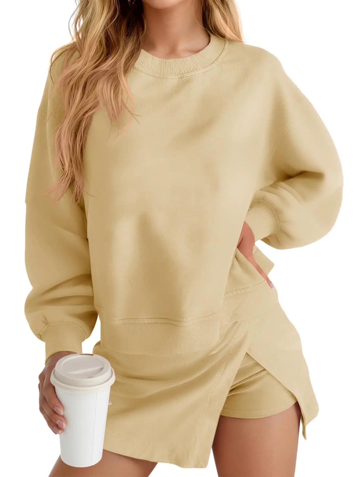 Fisoew 2 Piece Sets For Women Cotton Workout Sets Sweatshirt Top High Waisted Lined Split Athletic Skirt Set by GJG Denim