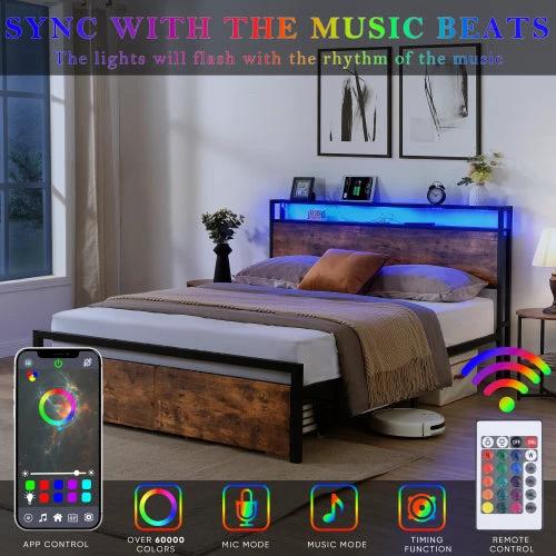 Queen Size Bed Frame With Storage Headboard And 2 Drawers, LED Lights Bed With Charging Station by GJG Denim