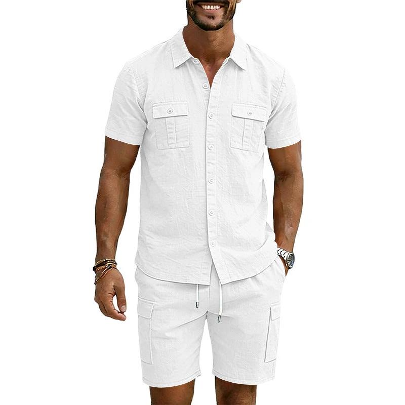 Men's Lapel Shirt And Multi-Pocket Shorts Set by GJG Denim