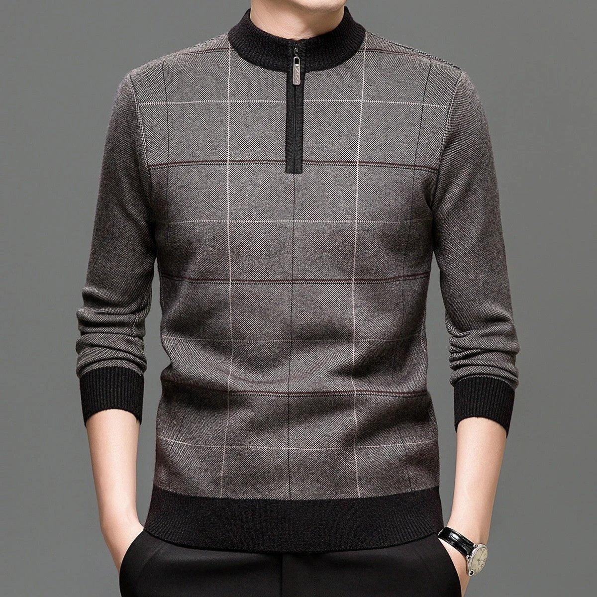 Men's Stylish Plaid Quarter-zip Knit Sweater by GJG Denim