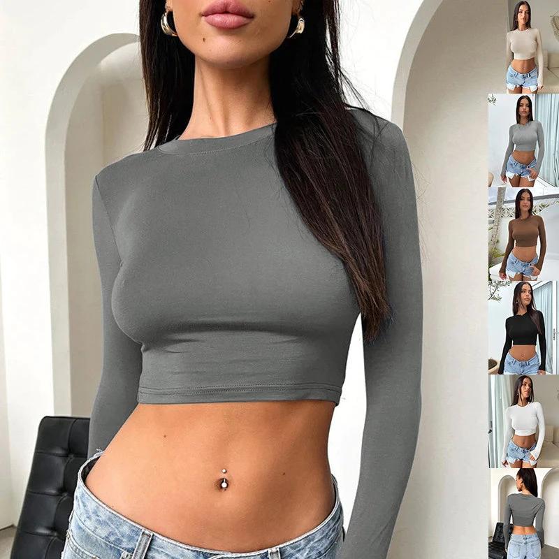 Slim Long Sleeve T-shirt Y2K Fashion Bottoming Short Top Womens Clothing by GJG Denim