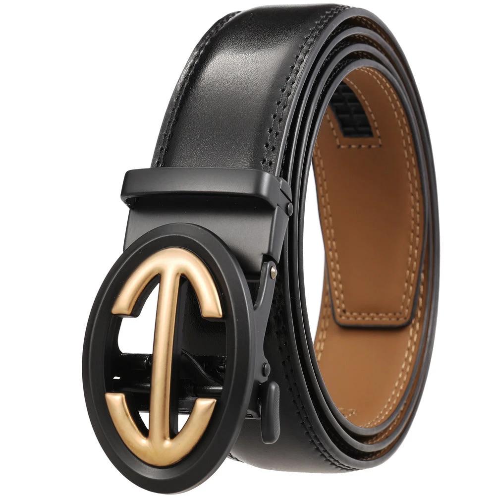 Men's Automatic Alloy Buckle Simple Two-layer Cowhide Belts by GJG Denim