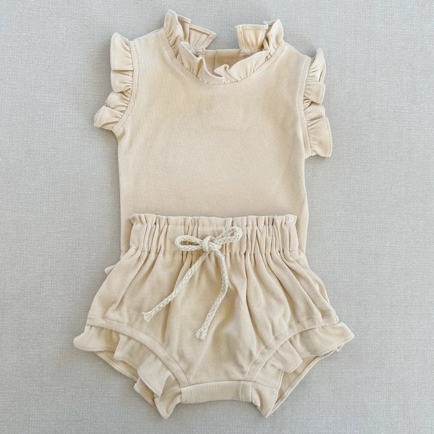 Rib Cotton Short Sleeve Wooden Ear Rompers Jumpsuit by GJG Denim