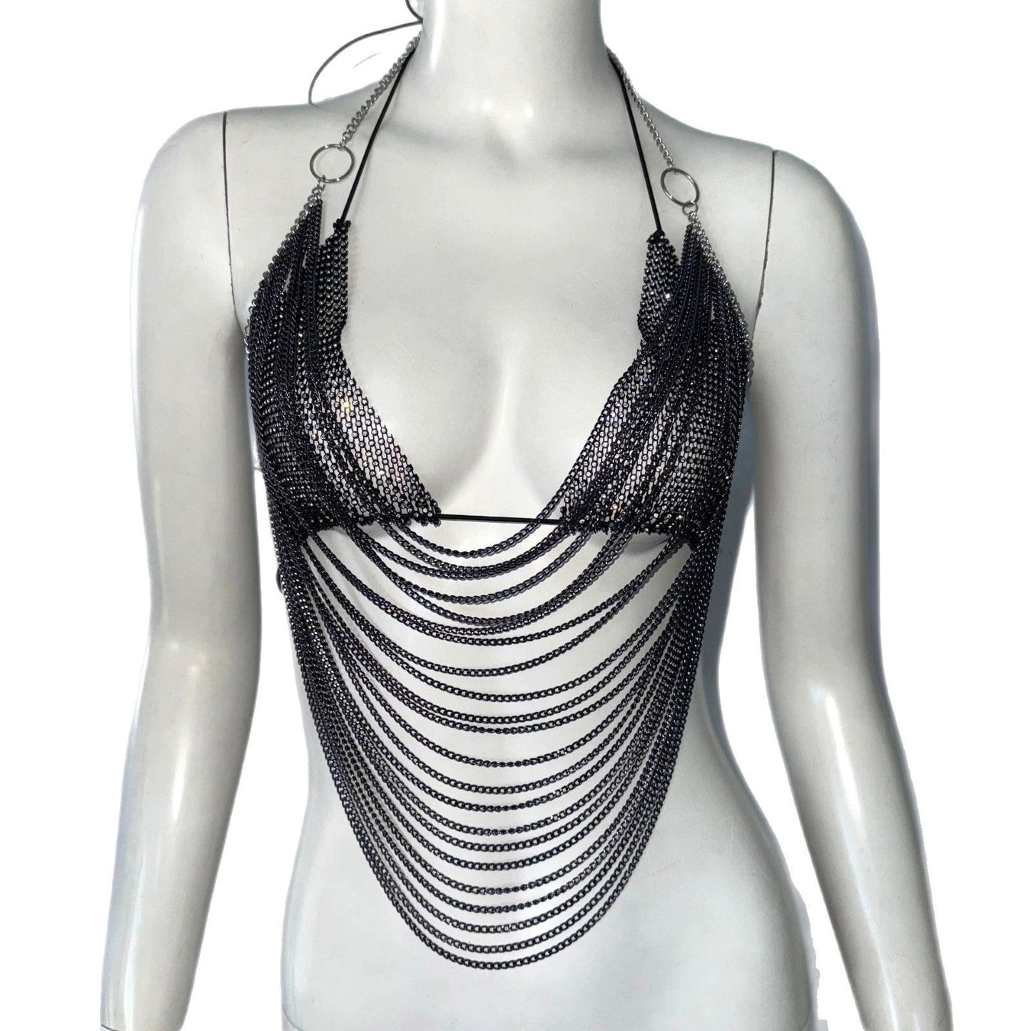 Sling Fishnet Rhinestone Halter Top Metal Decoration Two-piece Set by GJG Denim
