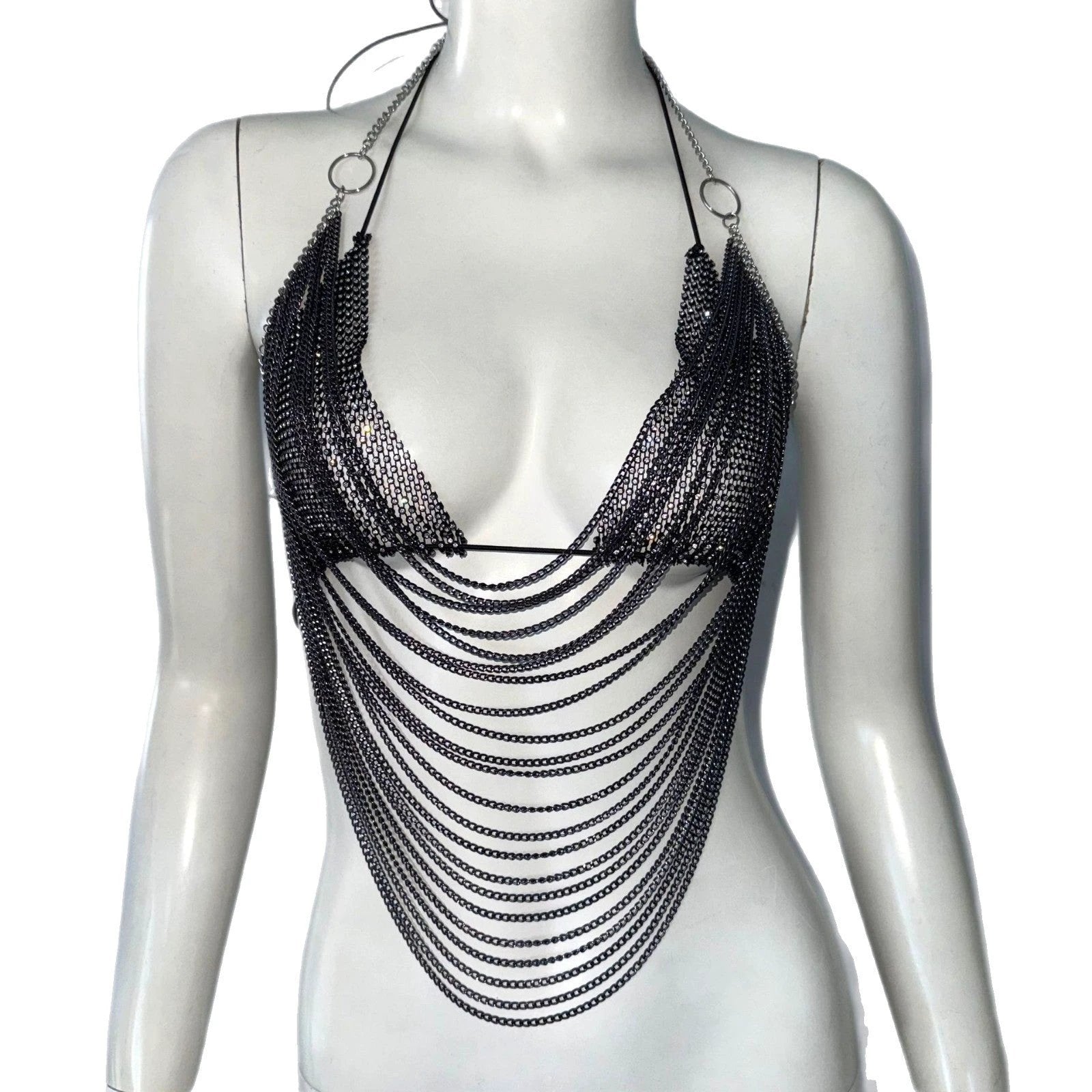 Sling Fishnet Rhinestone Halter Top Metal Decoration Two-piece Set by GJG Denim