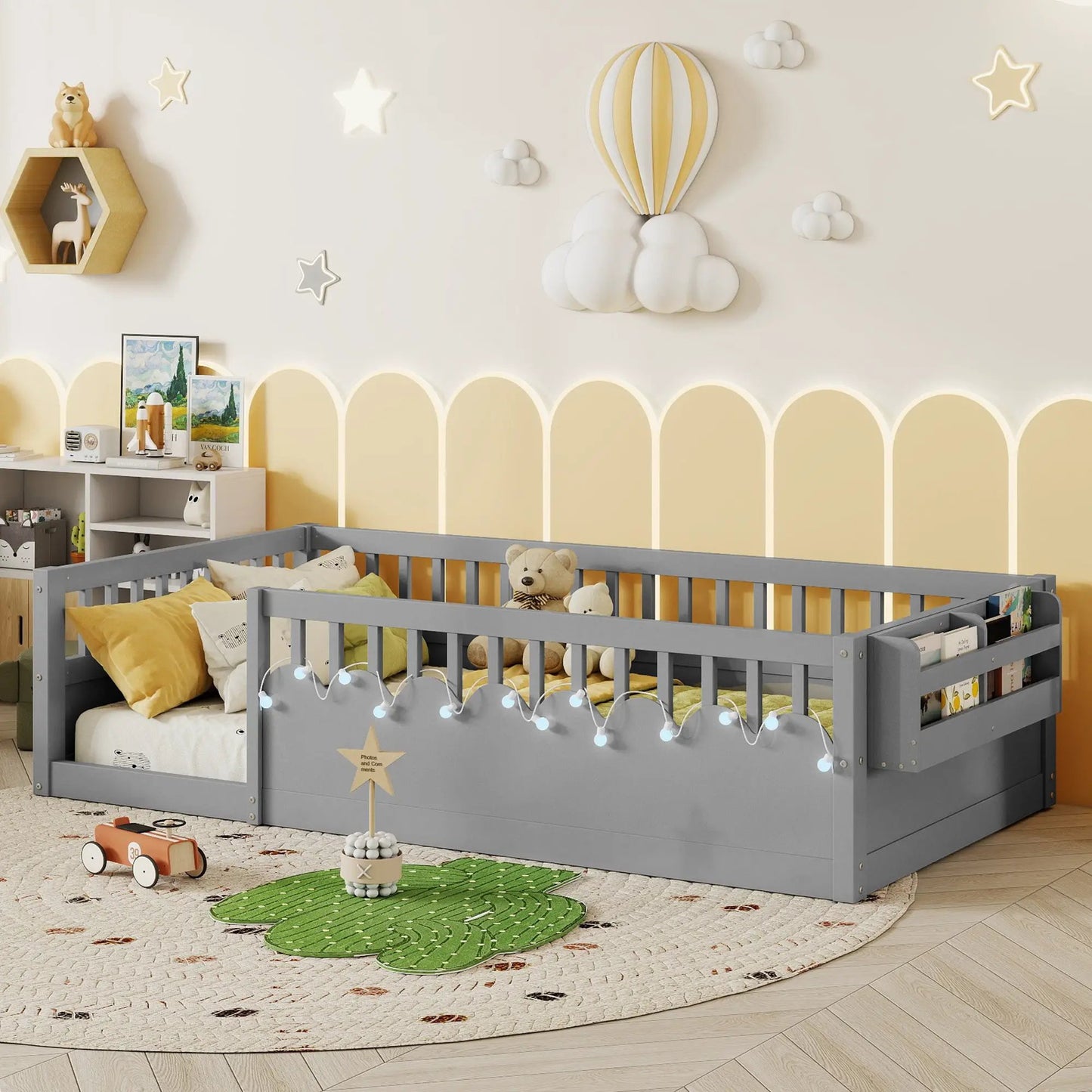 Twin Montessori Floor Bed Frame With High Rails, Wood Kids Floor Beds With Light And Storage Shelf, Gray by GJG Denim
