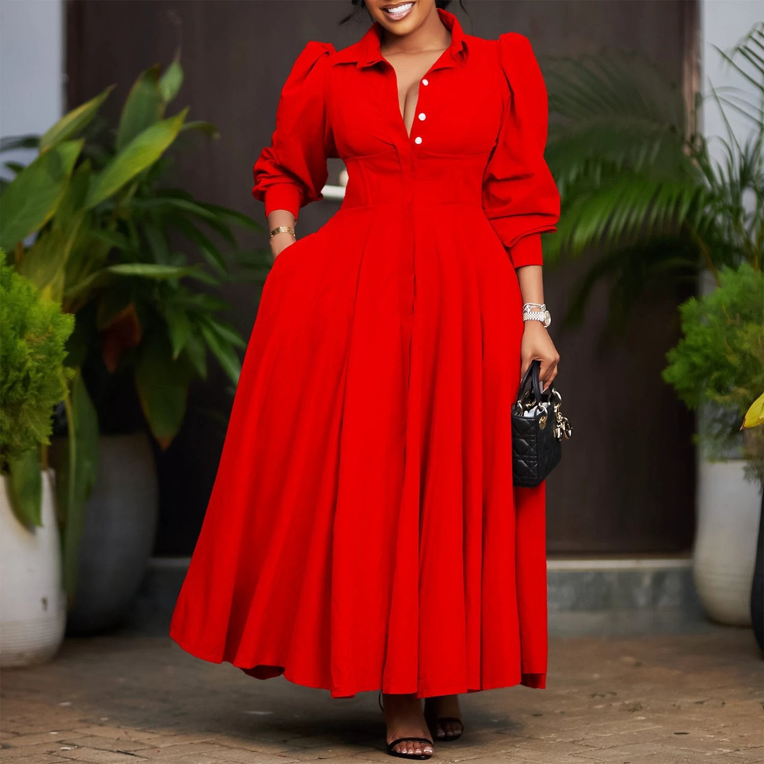 Women's Elegant Long Sleeve Big Hem Shirt Solid Color Dress by GJG Denim