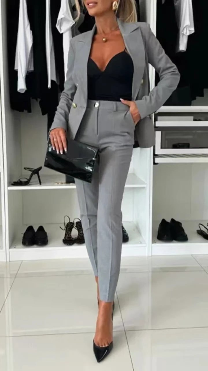 New All-matching Casual Suit Lapel Button-down Jacket And Slim-fit Trousers For Women's Office Business Set Clothing by GJG Denim