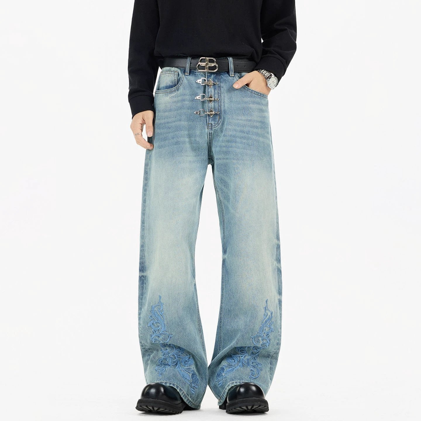 Men's Distressed Loose Straight-leg Bootcut Jeans by GJG Denim