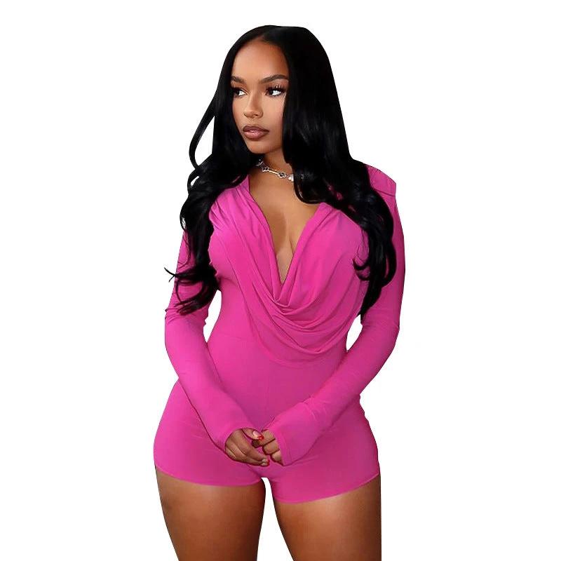 Women's Swing Collar Tight Long-sleeved One-piece Shorts by GJG Denim