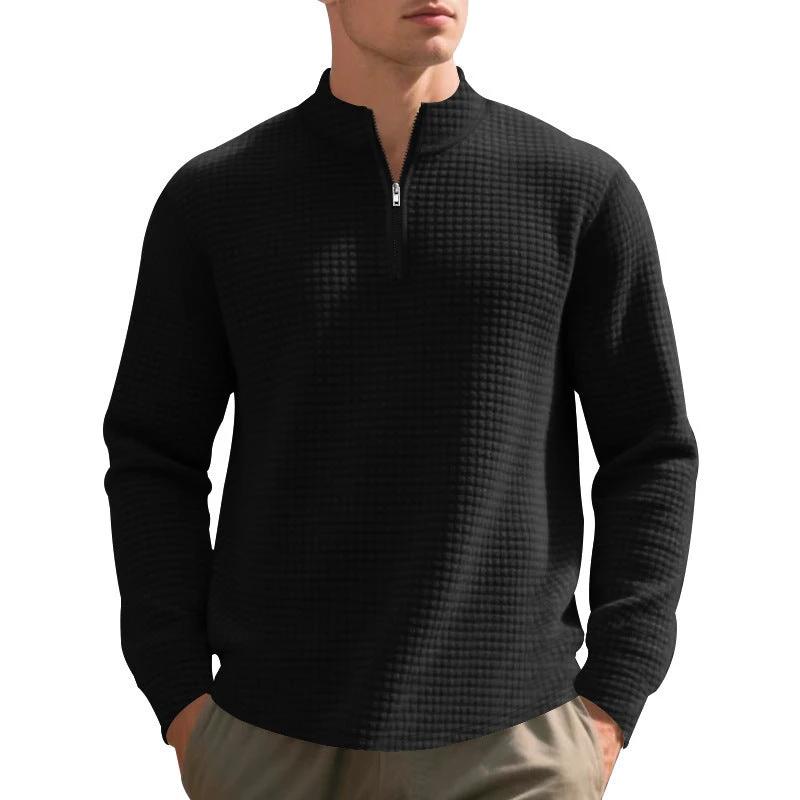 Men's Stand Collar Half Zip Small Plaid Sweater by GJG Denim
