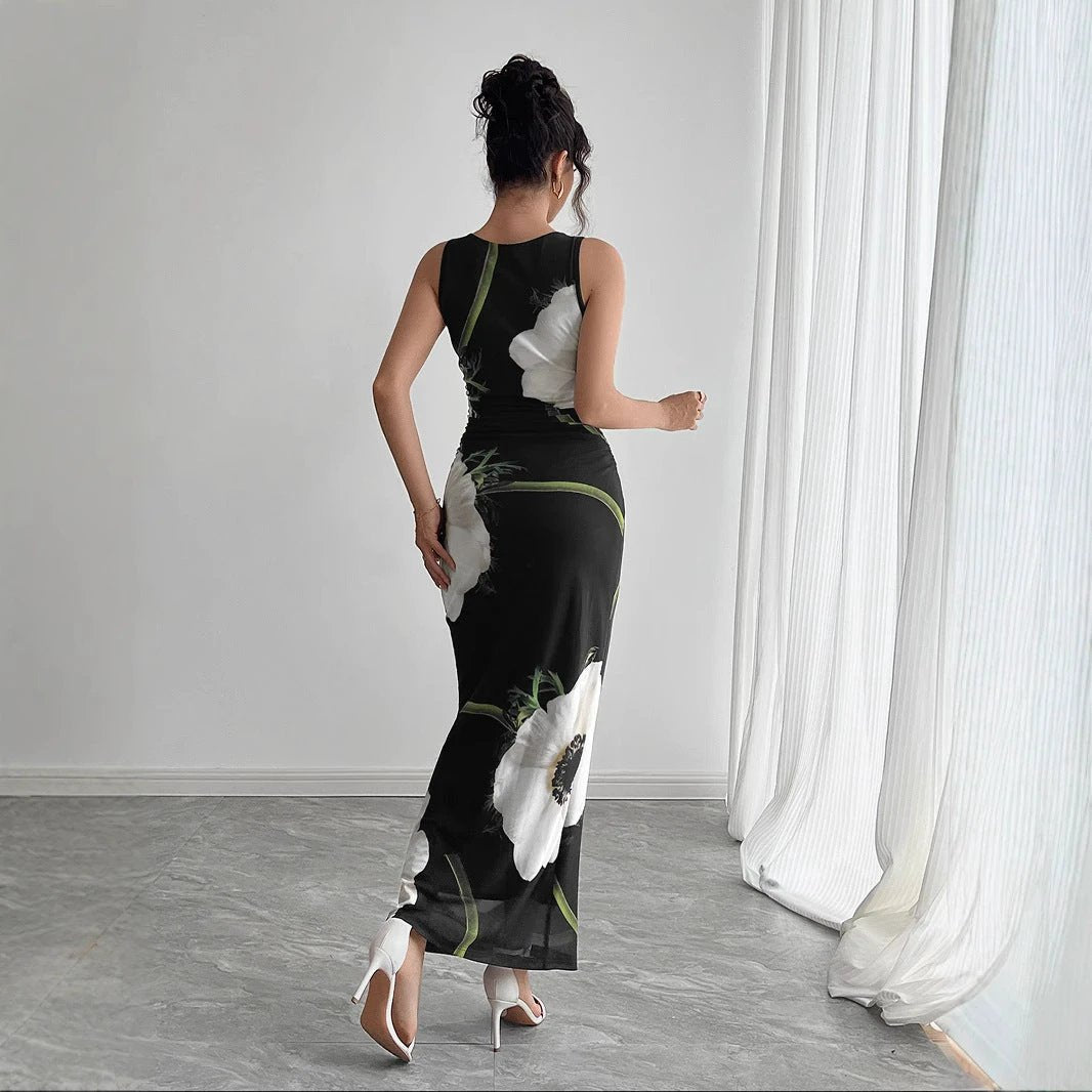 Women's Black Mesh Floral Print Sleeveless Dress Long Dress by GJG Denim