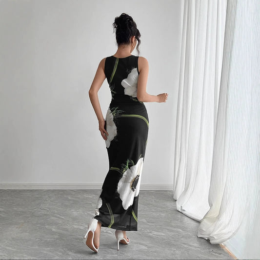 Women's Black Mesh Floral Print Sleeveless Dress Long Dress by GJG Denim
