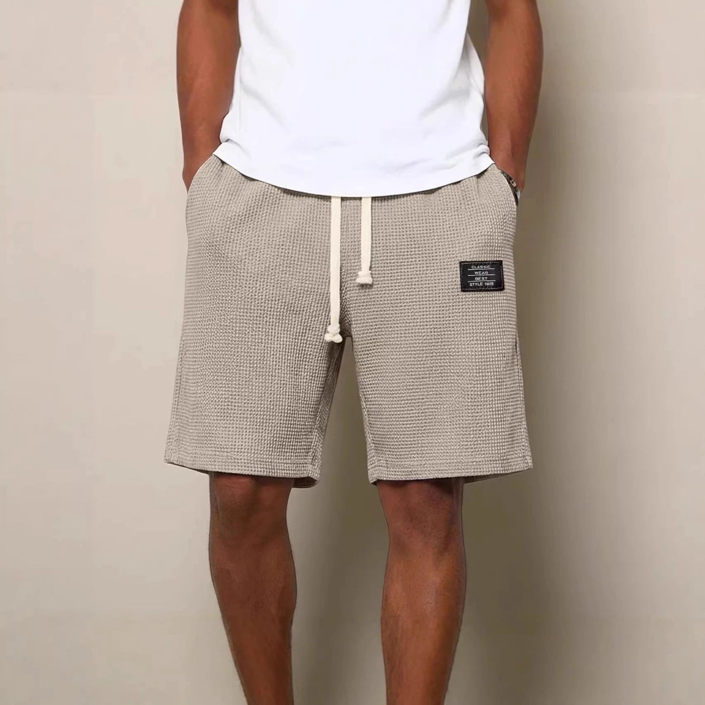 Men's Simple Waffle Knit Embroidered Casual Solid Color Shorts by GJG Denim