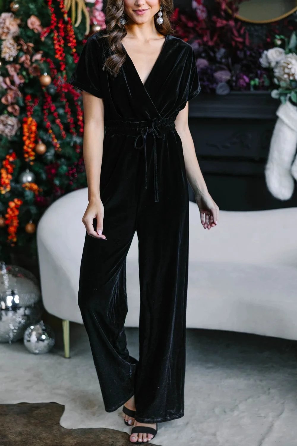 Drawstring Surplice Short Sleeve Jumpsuit by Lady Ros
