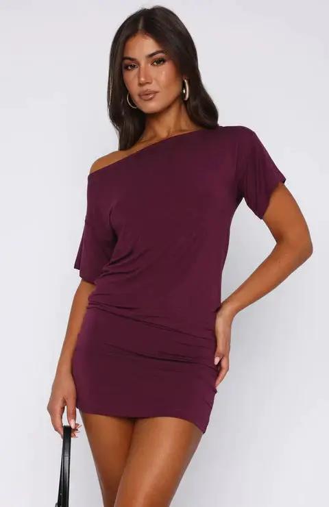 Long-sleeved Loose-fit Solid-color Sexy Off-shoulder Casual Dress by GJG Denim
