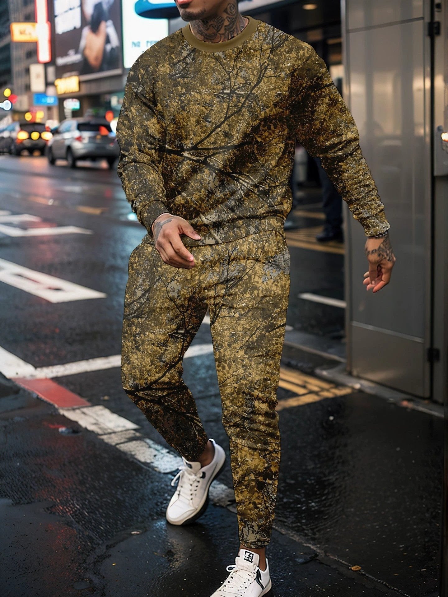 Round Neck Sweater Jungle Camouflage Sportswear Long Sleeve Two-piece Pants by GJG Denim