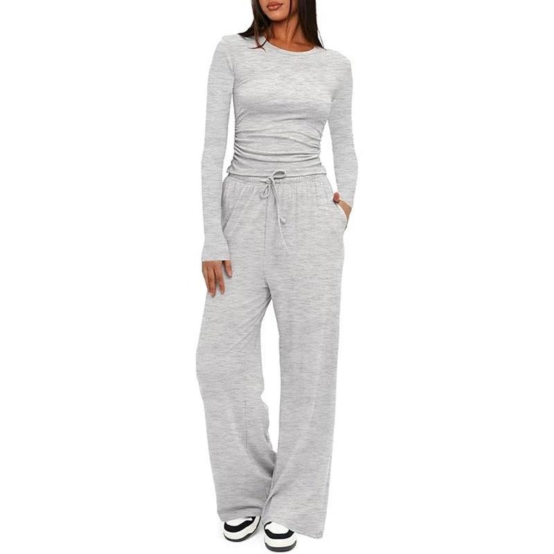 2 Pieces Women's Suit Autumn Winte Long Sleeve Tops High Waisted Wide Leg Pants Sportswear Female Clothes Solid Color Casual Suit by GJG Denim