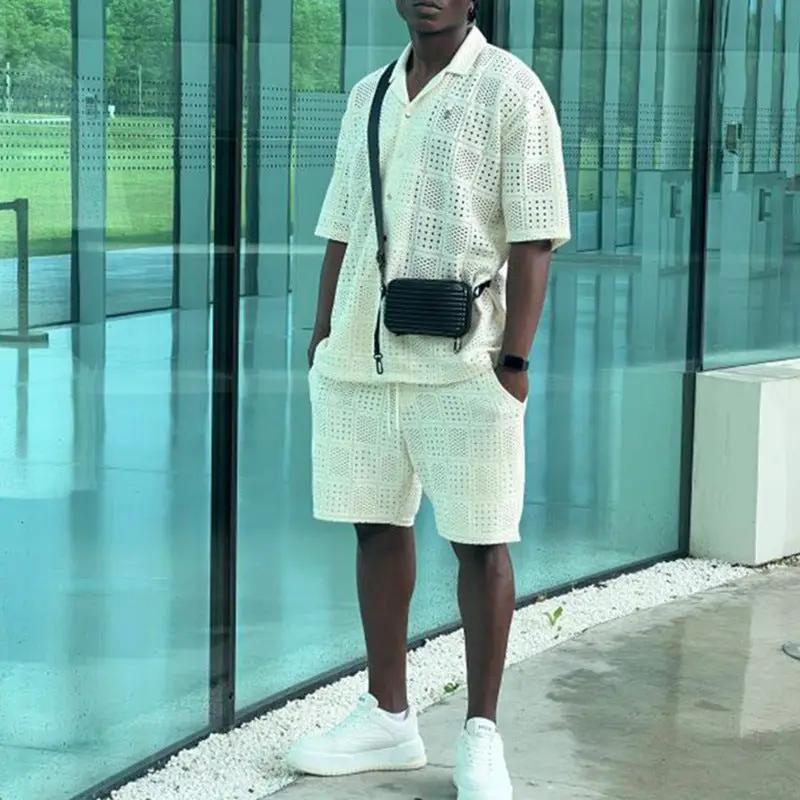 Mens Hollow-Out Lapel Button-Up Shirt And Loose Casual Shorts Set by GJG Denim