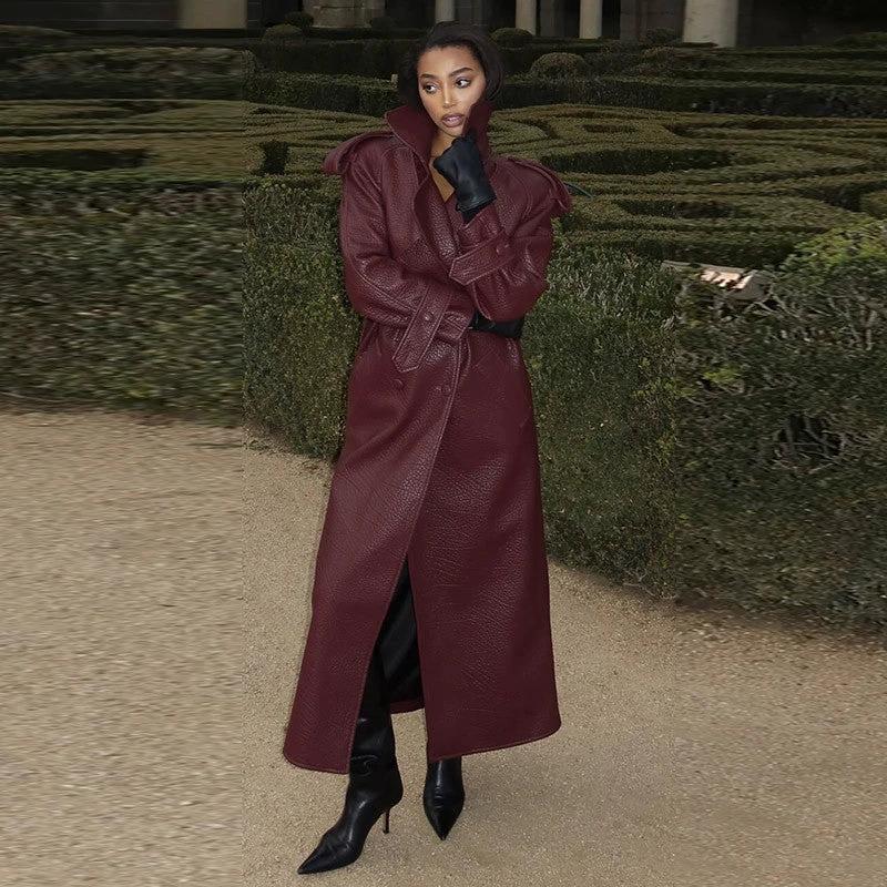 Autumn And Winter Women's Clothing New Leather Coat Elegant Long Leather Coat by GJG Denim